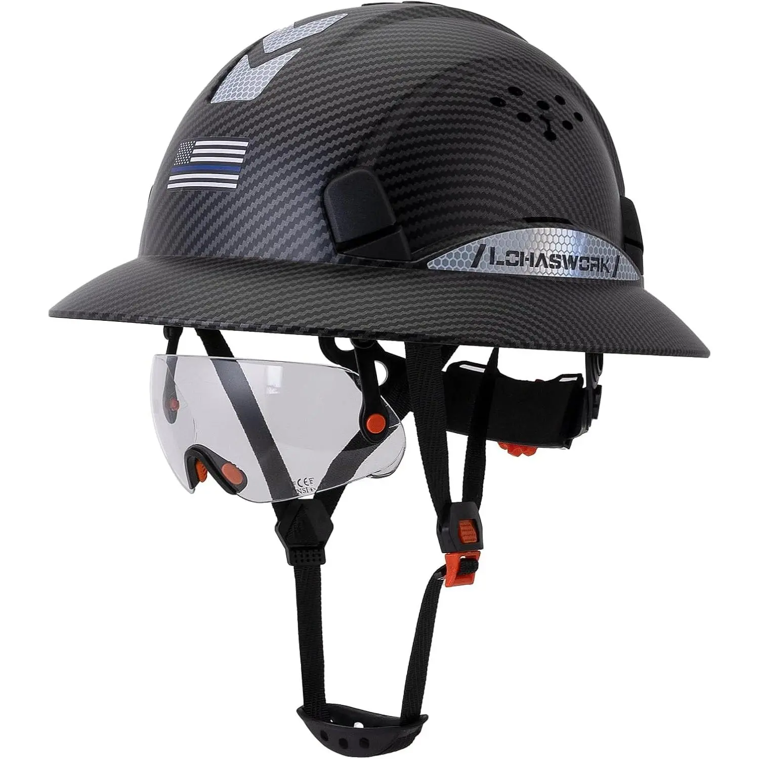 Adult Unisex Safety Helmet - Full Brim ABS Plastic Construction Hard Hat with 6-Point Adjustable Ratchets, Vented Design, Visor, Reflective Stickers, Eye Protection, 1.4 lbs, 12 x 9 x 6 inches, 20.86-24.80 in Head Circumference for Outdoor Work Gear