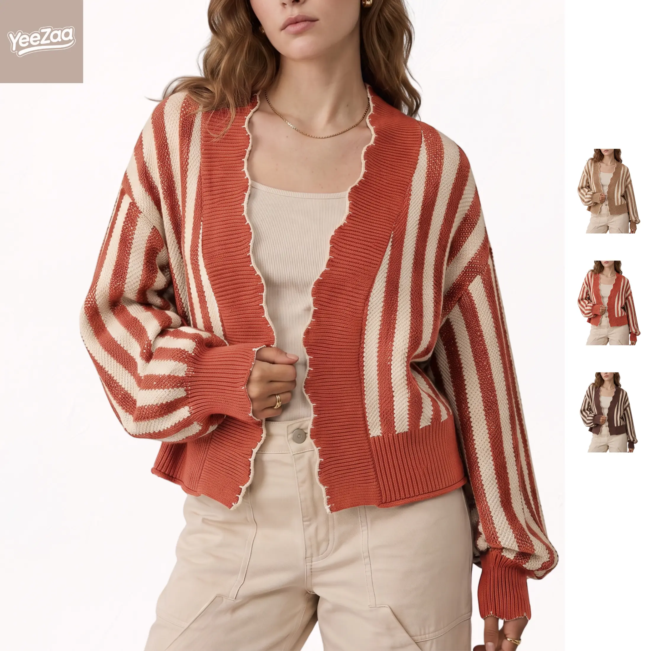 YeeZaa Knitted Cardigan For Women Contrast Bold Stripe Sweaters Long Sleeve Loose Open Front Y2k Vintage Knitwear Tops Scalloped Trim Chunky Striped Jumper Knit Shirt