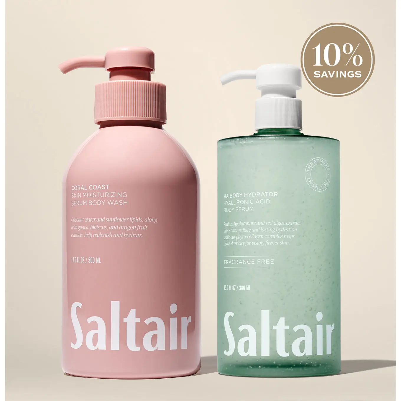 Saltair Coral Coast Cleanse & Hydrate Bundle - Coral Coast Body Wash (17 fl oz) & Hyaluronic Acid Body Serum (13 fl oz)