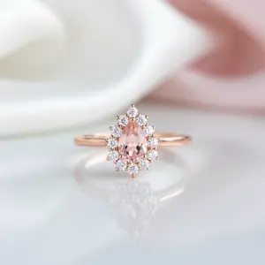 14k Rose Gold 5*7mm Morganite Halo Engagement Cocktail Engagement Ring
