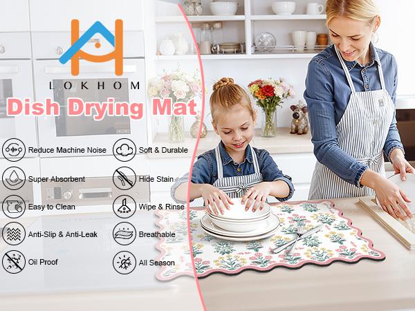 LOKHOM Scalloped Floral Dish Drying Mat for Kitchen Counter, 18"x24" Absorbent Coffee Bar Mat with Vintage Sage Flower Herbs, Dish Drainer Rack Mat for Kitchen Counter Coasters Tableware Colorful