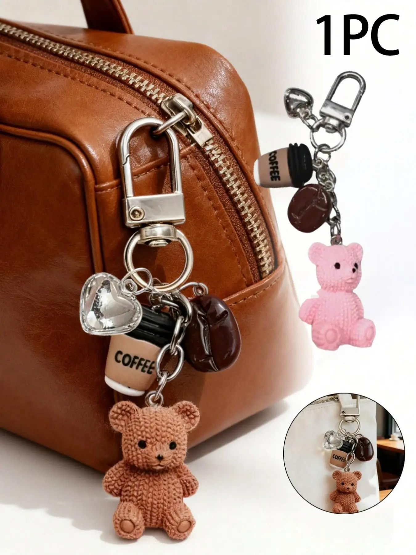 Cute Coffee Teddy Bear Keychain Bag Charm, Includes Knitted Teddy Bear, Mini Coffee Cup, Coffee Bean, Heart Pendant, Resin Material, Crochet Keychain, Heart Shaped Keychain, Keychain Decor, Key Chain Decorations, Gift Keychain, Cute Keychains