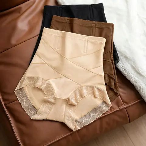Morelect Women's Feminine High-Waisted Crossover Panties - Seamless, Elastic, No-Roll, Soft, Lightweight, Stretchy Lace-Trimmed Briefs, Basic Underwear for Women, Skirt-Ready No-Show, Elegant Everyday Wear