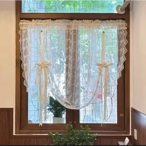 Tie Up Balloon Curtain Beige Romantic Floral Valance for Kitchen Liftable Tier Roman Blind Victorian Drapes for Small Window Cafe Balcony Rod Pocket 1 Panel