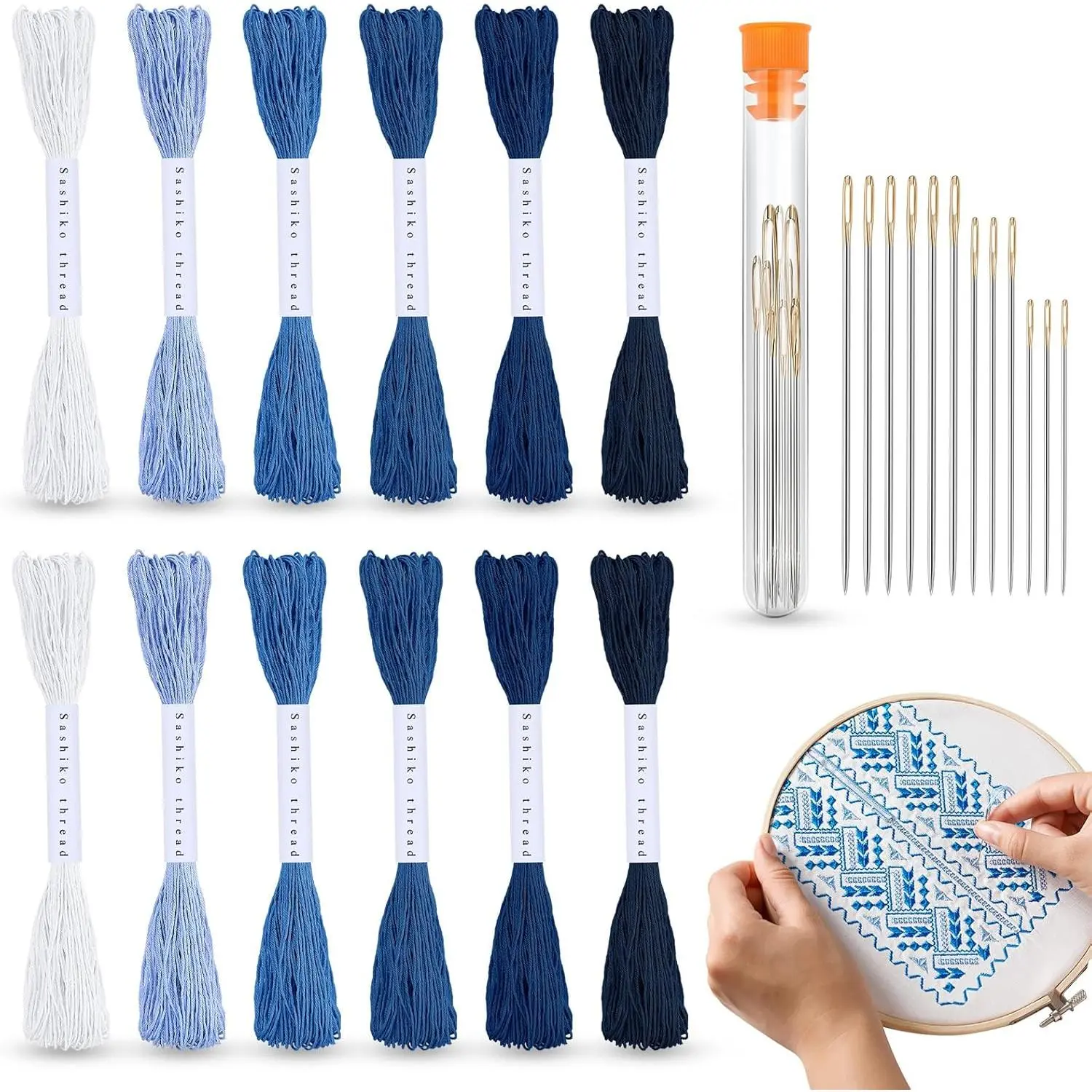 12 Skeins Sashiko Thread  Cotton and 12 count  Thread 20m(21.8yds) Sashiko Kit for Hand Quilting and Embroidery Projects Pick Stitching Denim(Blue)