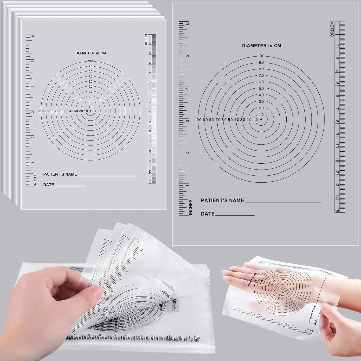300-Pack Soft Flexible Wound Measurement Tools Sewing Tool Kit - Bullseye Grid Guide, Medical Ruler for Wound Care, Nurses