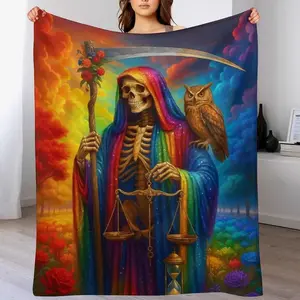 La Santa Muerte delas sieete potencias Flannel Blanket, Day of the Dead Art Print Pattern, Soft Cozy Lightweight Warm, Suitablefor Halloween Decor, Home Decor, Living Room,Bedroom, Sofa, Travel, Perfect Gift for Birthday,Anniversary, or Thanksgiving Day.