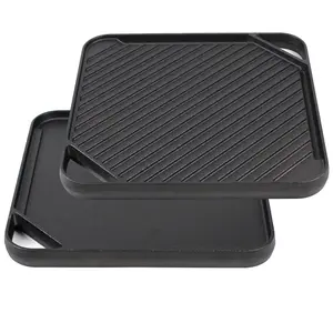 Reversible Cast Iron Grill/Griddle Pre-Seasoned Cooking Use on Stove, Grill, or Campfire pan Heavy-Duty, Home Korean BBQ Multi-Function Cooking skillet comal para tortillas Barbecue Utensils mexican kitchen cookware charcoal