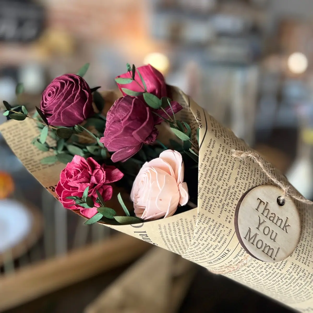 Wooden Flower Forever Bouquet - Colorful Wooden Flowers in Paper Bag with Natural Finish and Floral Accents