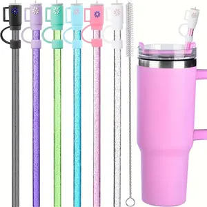 Reusable Straw Set with Lids – Durable Plastic Straws for 20oz, 30oz & 40oz Tumblers, Includes Cleaning Brush, Eco-Friendly Kitchen Drinkware