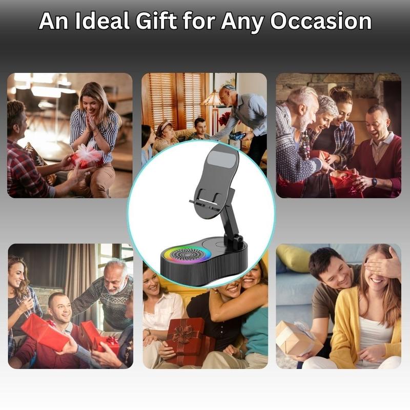 Wireless Induction Audio Bluetooth Speaker 5in1 Phone Holder Emergency Rechargeable 3000mAh with Colorful Ambient Light 300° Foldable for Tablets iPhone Android Stereo Charging Compact Device Adjustable Aesthetic bluetooth speakers Usb Smartphone Gadget