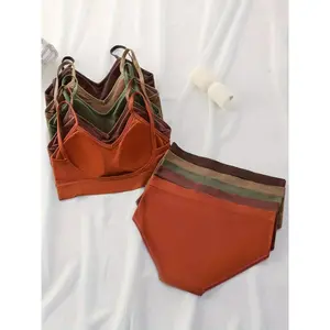 5 Sets Solid Ribbed Cami Bra & Panties - Simple Lingerie Set - Women's Lingerie & Underwear Fabric Womenswear