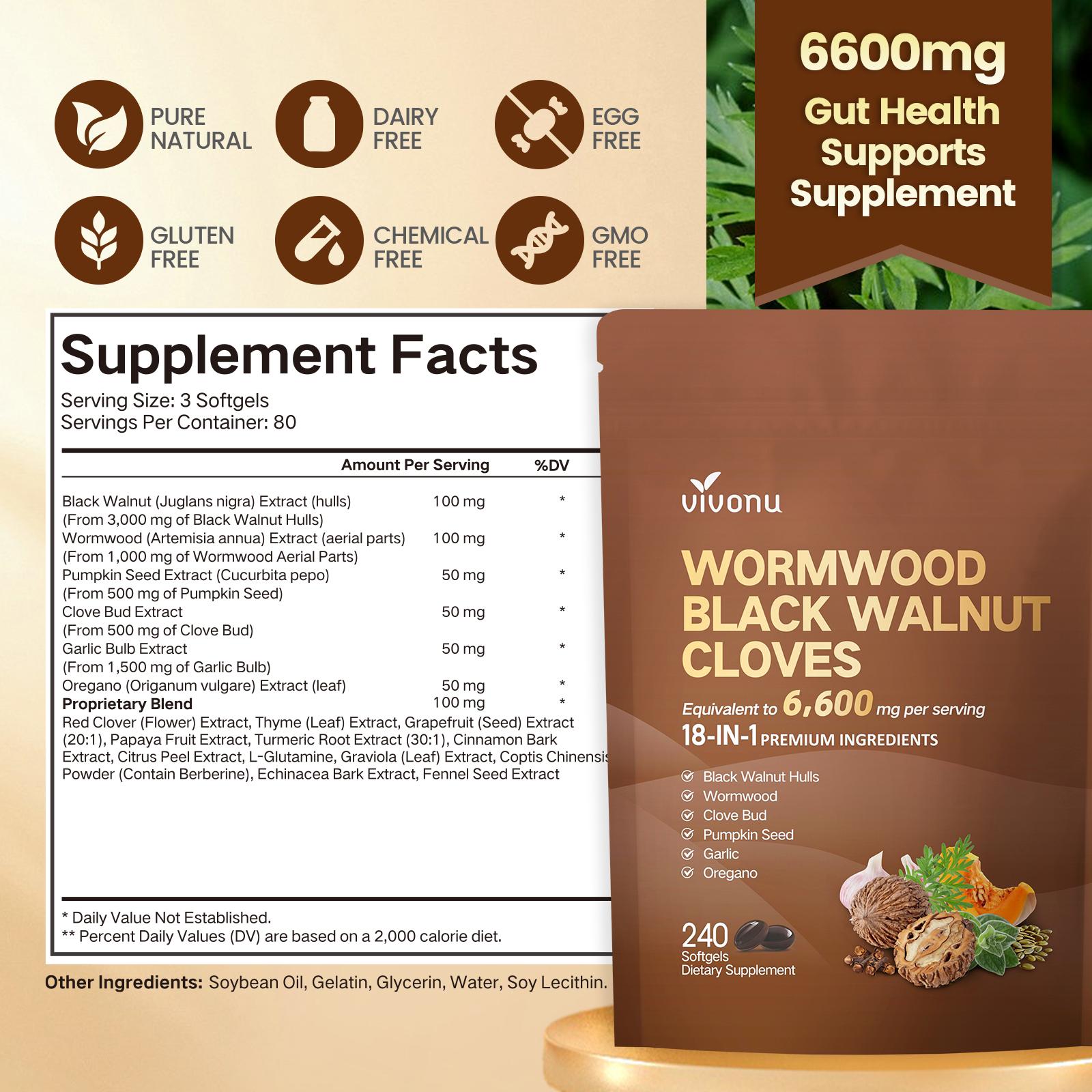 VIVONU Wormwood Black Walnut Cloves Capsules 240 Capsules (80-Day Supply)- Boost Metabolism & Enhance Energy | Contains Black Walnut, Garlic, Wormwood, and More VIVONU Wormwood Black Walnut Cloves Capsules 240 Capsules (80-Day Supply)- Boost Metabolism & Enhance Energy | Contains Black Walnut, Garlic, Wormwood, and More