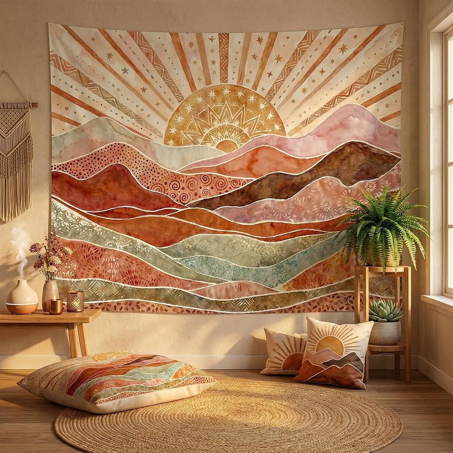 Yeoiat Tapestry Boho Desert Sun Tapestries Watercolor Mountain Landscape Tapestries Terracotta Sage Wall Tapestry Bedroom Dormitory Living Room Decoration 60"x44" Gift Hanging