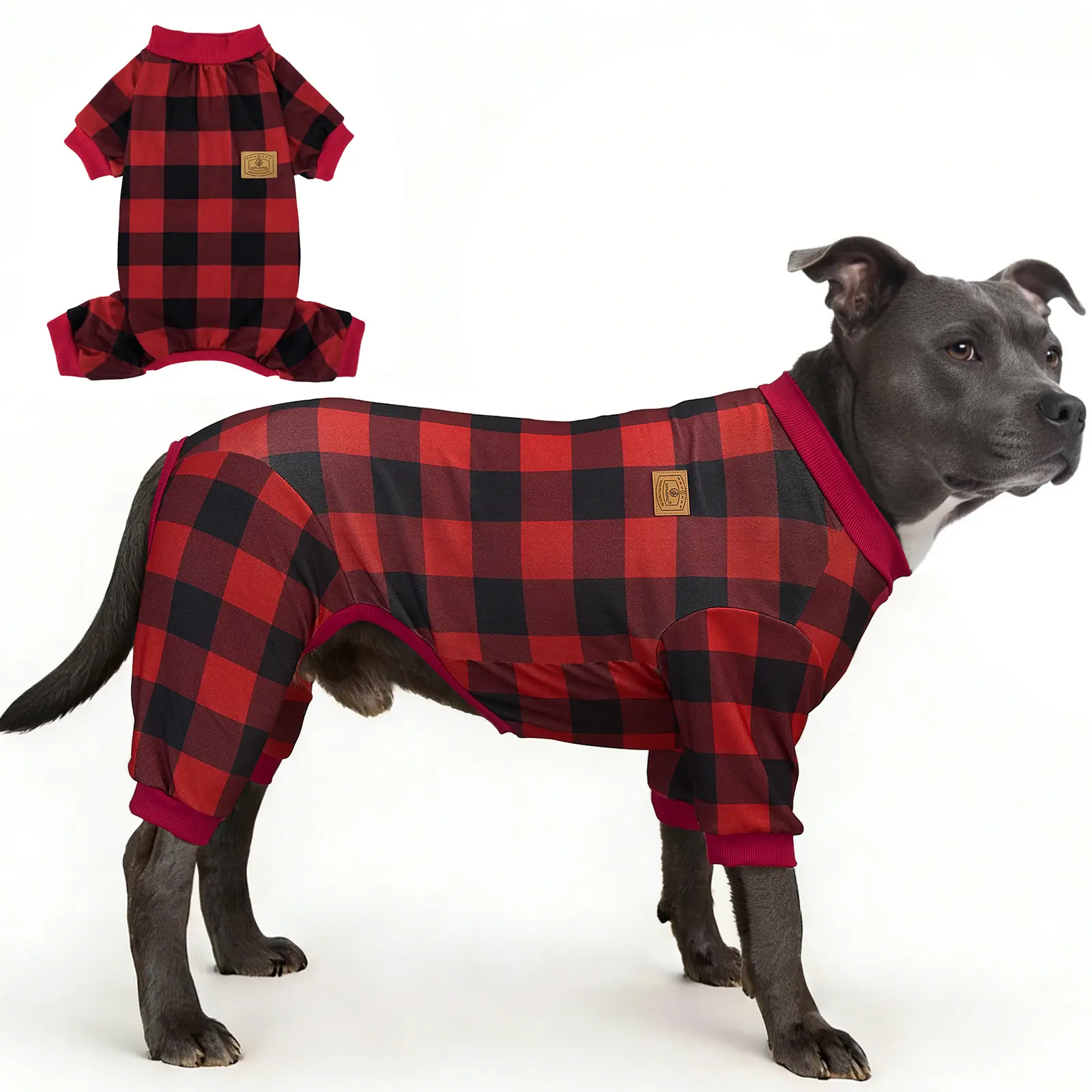 XPUDAC Red Plaid Dralon Dog Jumpsuit Shirt - Soft Breathable All-Season Pet Clothing for Cozy Warmth, Universal Fit Holiday-Themed 1-Piece for Comfortable Sleep, Pet Lovers