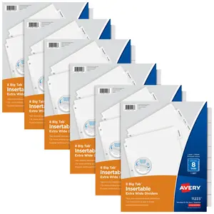 Avery Extra-Wide Big Tab Insertable Dividers for 3 Ring Binders, 8-Tab Sets, White Paper, Clear Tabs, Works With Sheet Protectors, 6 Sets (11254)