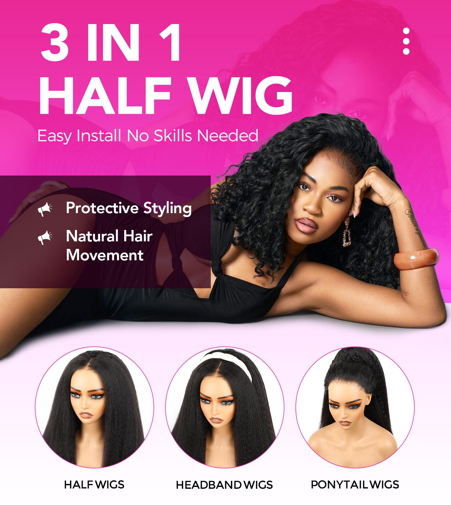 Vshow 3 in 1 Half Wigs Kinky Straight Human Hair Glueless Wigs 250% Density With Natural Hairline Easy Install Drawstring Half Wigs For Beginners Protective Style #springfresh
