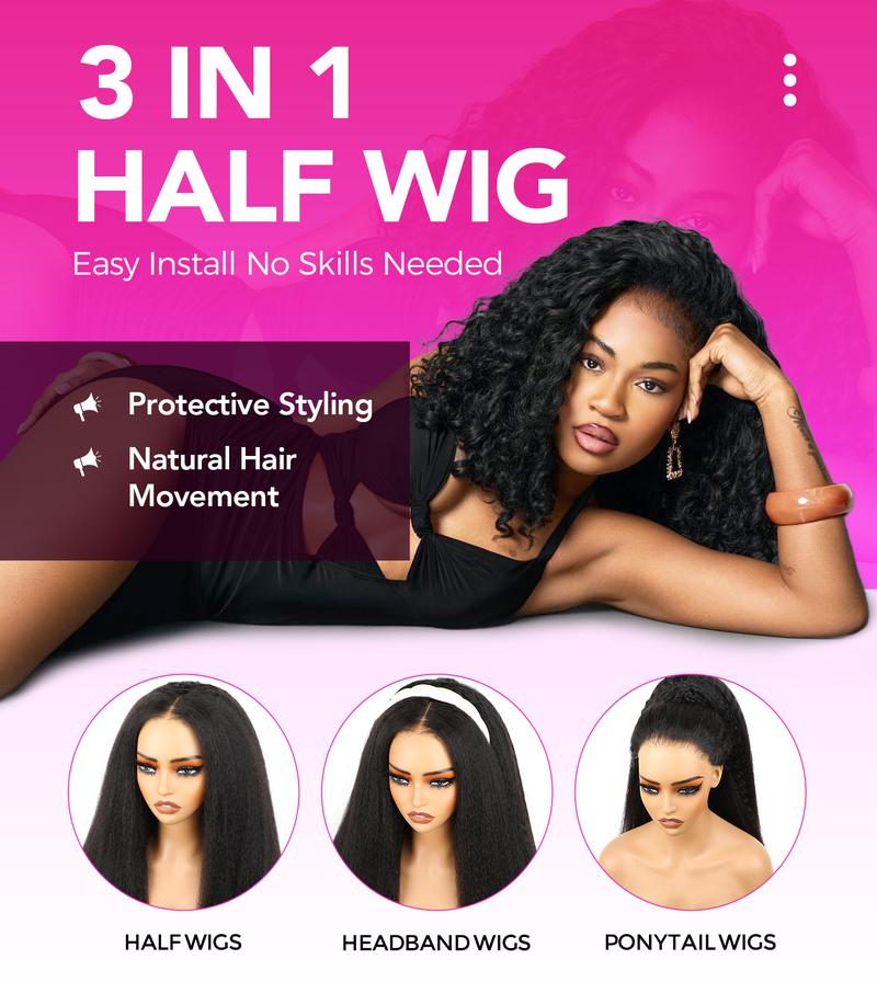 Vshow 3 in 1 Half Wigs Kinky Straight Human Hair Glueless Wigs 250% Density With Natural Hairline Easy Install Drawstring Half Wigs For Beginners Protective Style #springfresh