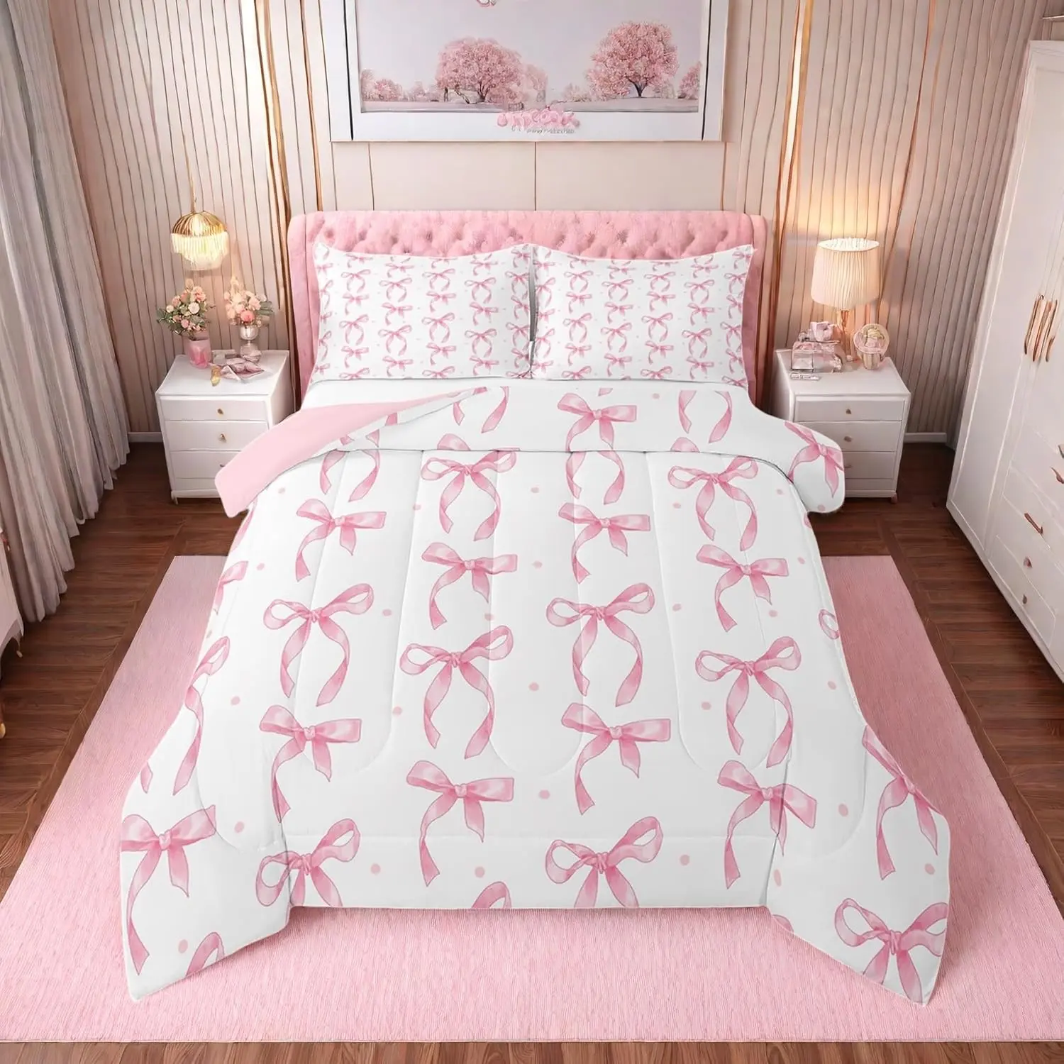 Feelyou Queen Comforter Set - Skin-Friendly Microfiber Bedding with Cute Pink Ribbon Bow Printed Blanket, King Comforter Set Compatible for Girls' Princess Room Decor Essential, Bedding Sets,back to school,back to school shopping,home decor