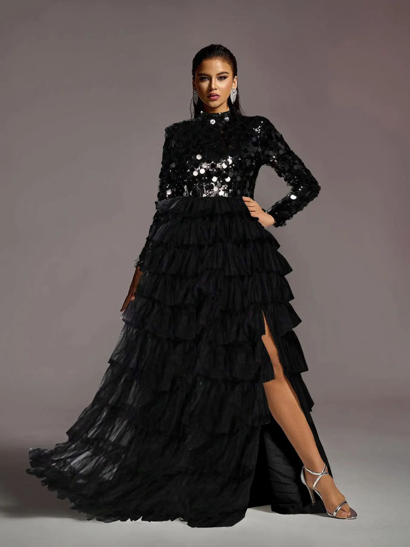 Women's Elegant Couture Sparkling High-Neck Formal Gown - Long Sleeve, Slim Fit, Tiered Tulle Skirt with Zipper, Full Length Formal Wear for Anniversary, Evening Events - Do Not Dry Clean