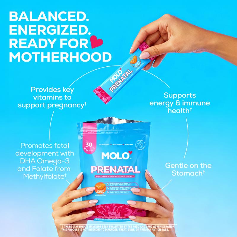 MOLO Prenatal Multi-Vitamin Drink Mix for Women – Packed with essential vitamins & antioxidants, DHA Omega-3, Methylfolate, CoQ10, & Iron – 30 Stick Packs with Sweet Orange Flavor – Vegetarian, Gluten-Free & Non-GMO