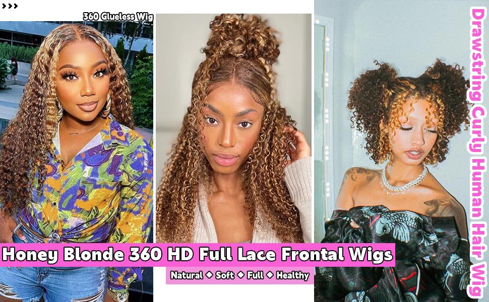 30 Inch Highlight Ombre 360 Deep Wave Lace Front Wigs Human Hair Pre Plucked with Drawstring 4/27 Honey Blonde Wig Human Hair 180 Density Curly Full Lace Frontal Wigs 360 Glueless Wig