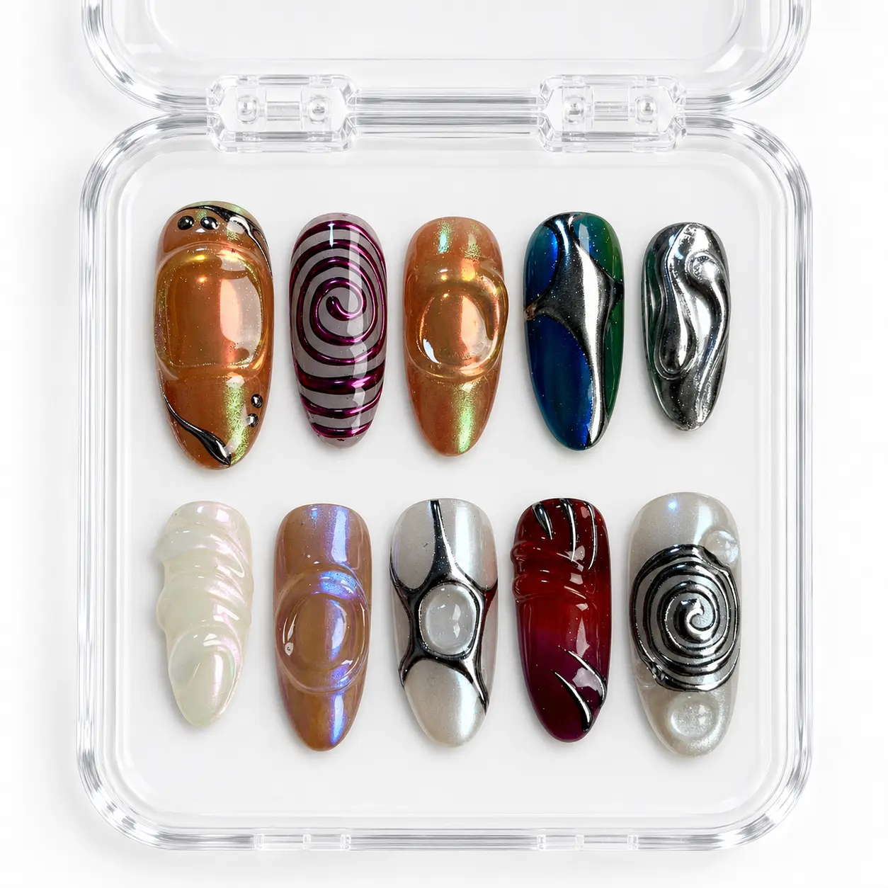 Cyber Y2K Press-On Nails - 3D Chrome, Metallic Stars & Galactic Swirl Nail Set