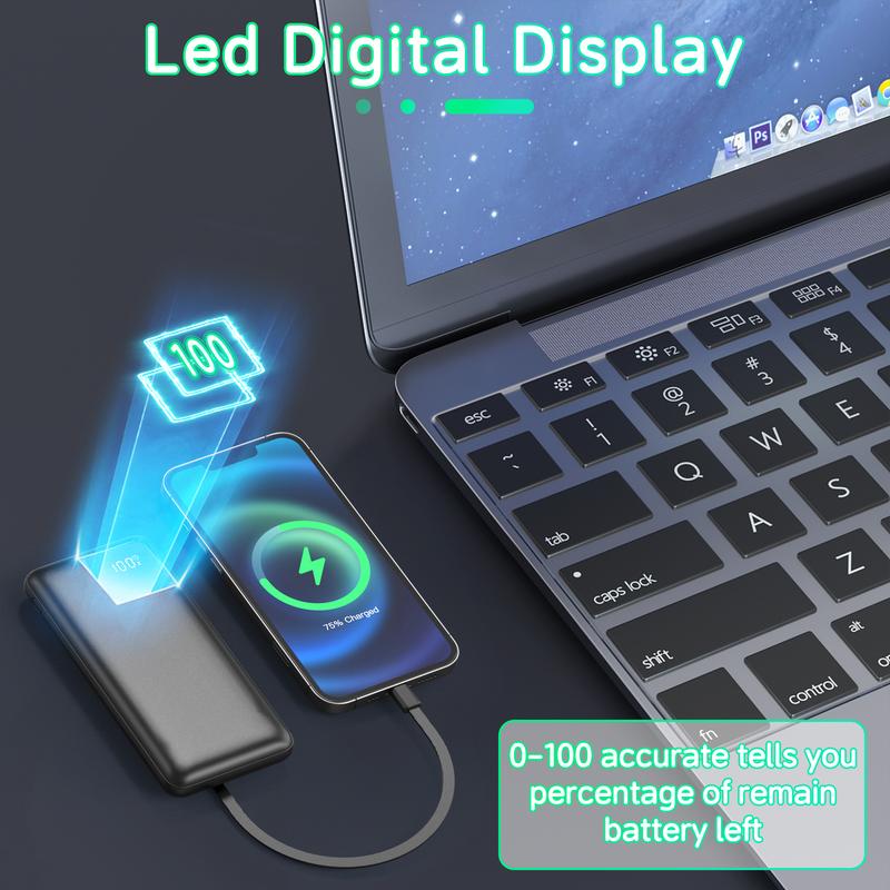 10000mAh Slim Portable Charger with Built-in Cables, 22.5W Fast Charging Power Bank, 4 Outputs & 2 Inputs, Travel-Ready Battery Pack for iPhone, Samsung, Android, LG, Moto & More