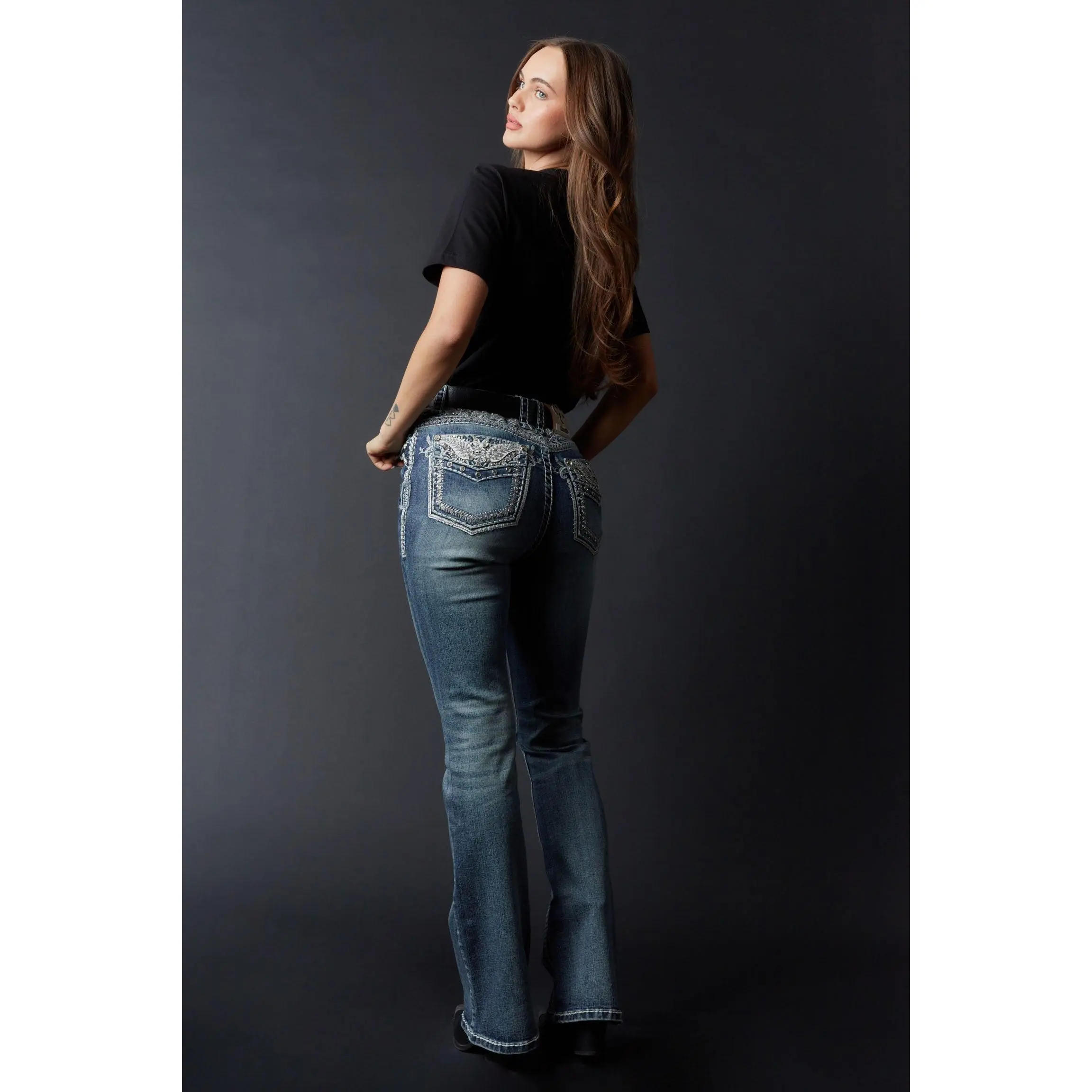 Women's Answer Me Luxe High-Rise Crystal-Embroidered Button-Accented Slim Bootcut Denim Jeans - Dark Wash, Ivory Belt-Included, Cowgirl Style, Hip-Flattering, Pockets, Fitted for Everyday Blouse or Tee Pairing