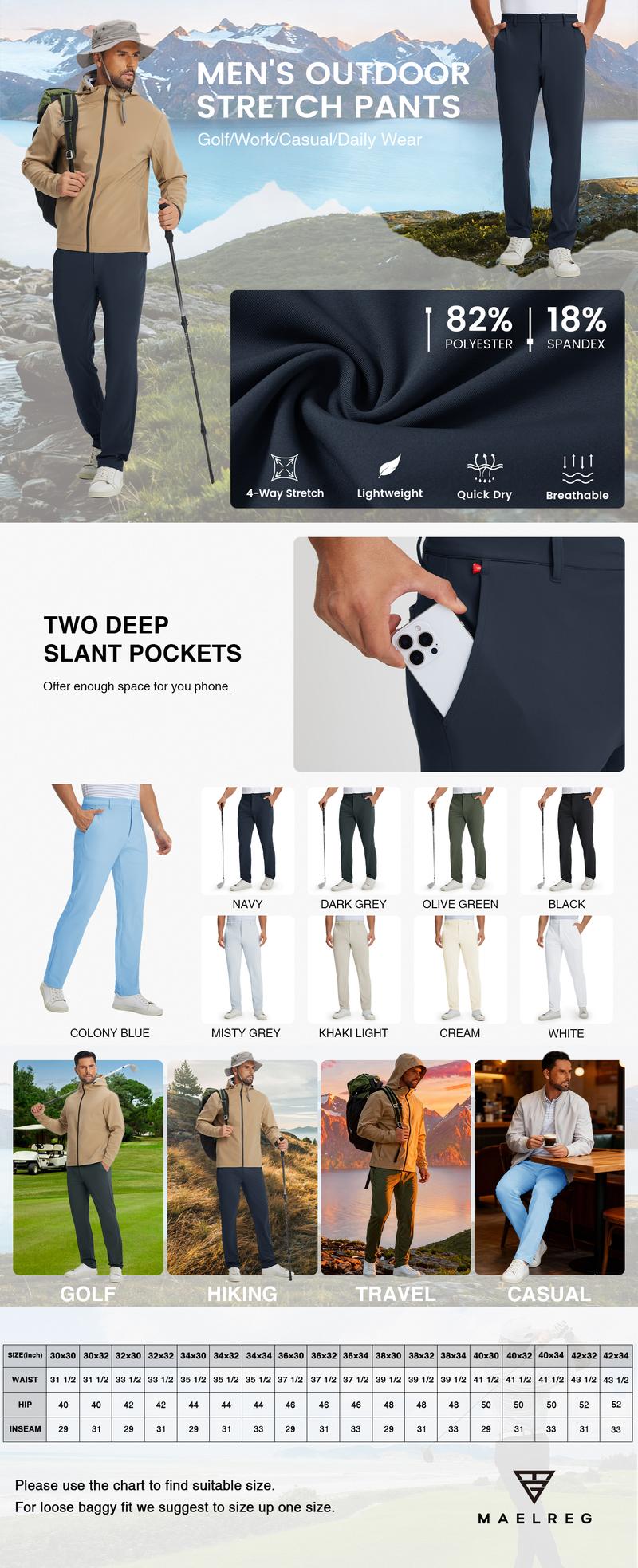 MAELREG Golf Mens Stretch Pants with Pockets - 30"/32"/34" Quick Dry Lightweight Casual Comfy Work Mens Dress Pants