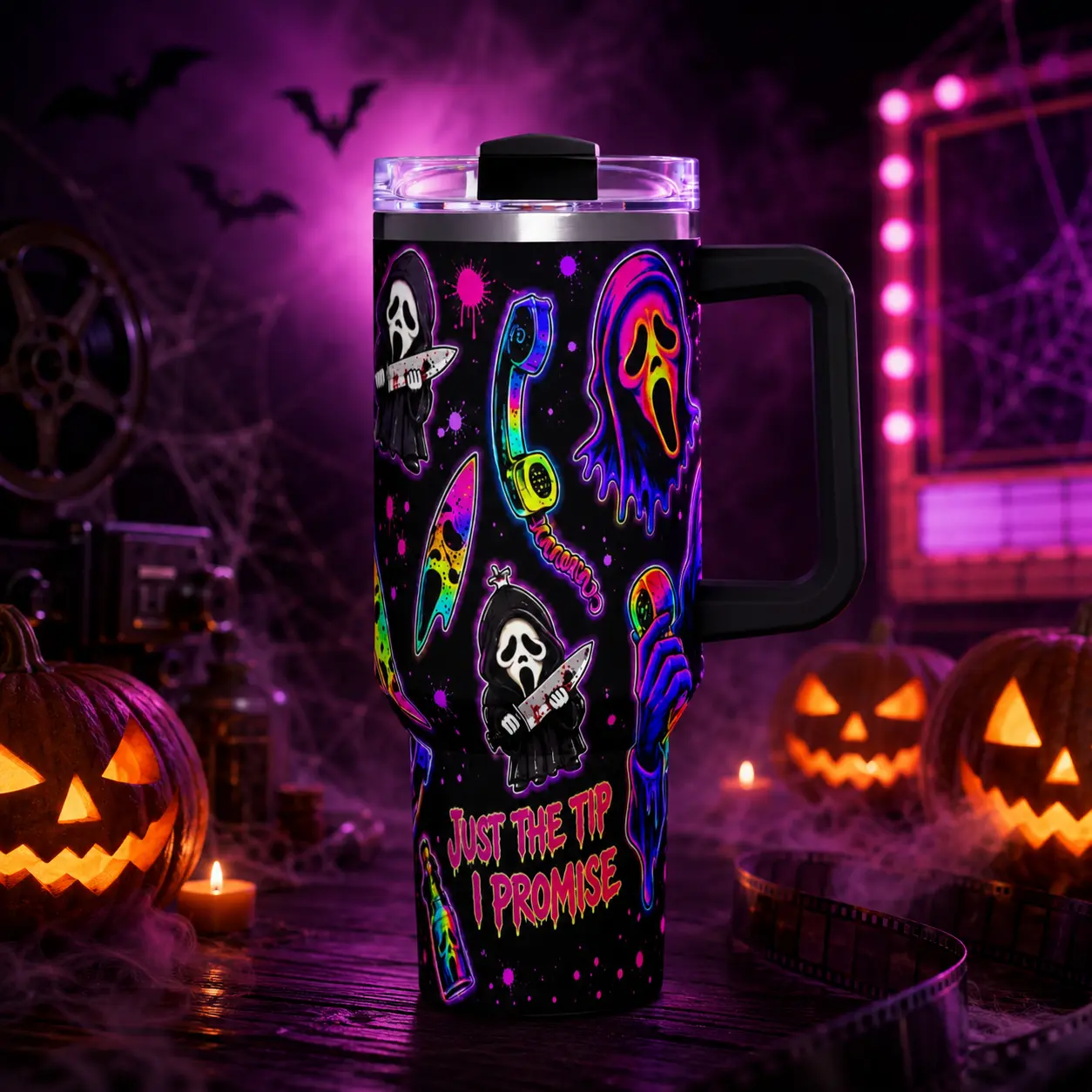 1pc 40oz Ghostface Horror Insulated Vacuum Flask Tumbler, Stainless Steel Leakproof Travel Mug with Handle & Straw, Halloween Gift Kitchen Drinkware, Flasks