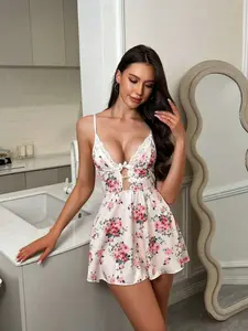 Floral Printed Camisole Nightgown, Sexy Lace Decorated Deep V-Hollow Nightgown, Women's Pajamas And Dresses