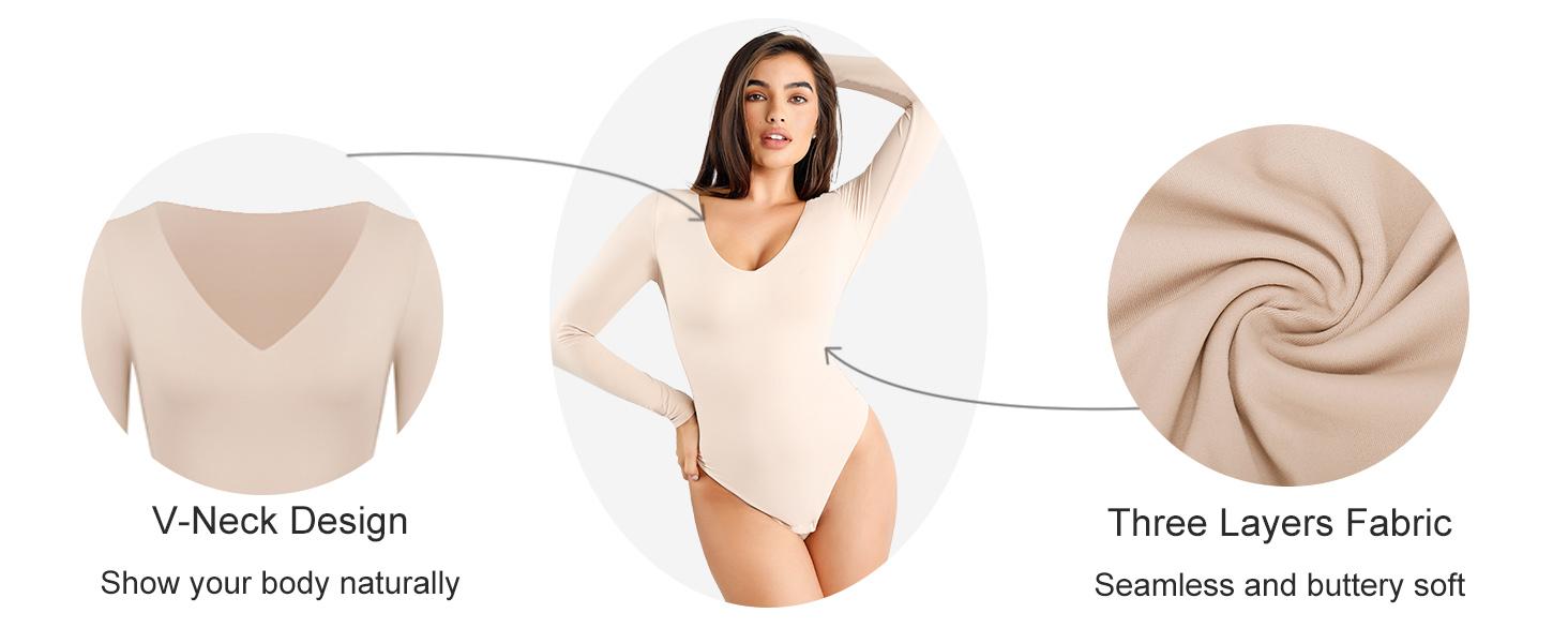Popilush The Shapewear Bodysuit Seamless Square-Neck Long-Sleeve Bodysuits Comfortable Womenswear Outfit Fabric