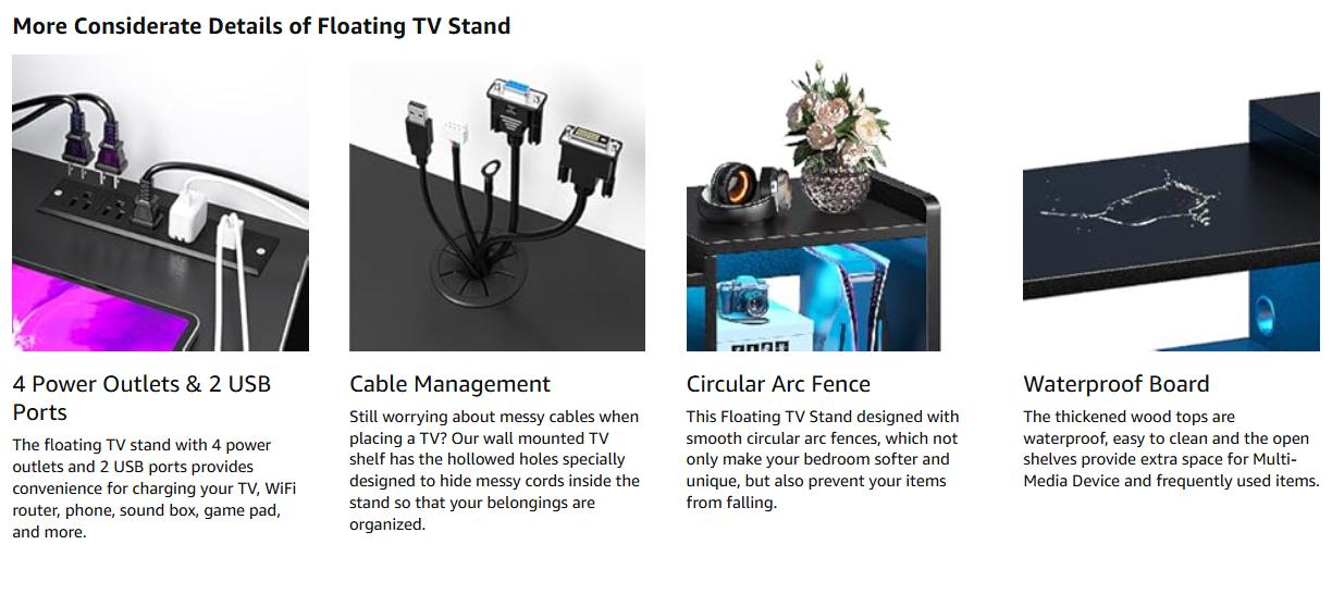 RaybeeFurniture 55"-71" W Floating TV Stand with LED Lights & Power Outlets Wall Mounted Entertainment Center with Storage Long TV Stand for Bedroom, Wood Floating TV Shelf Under TV for Living Room