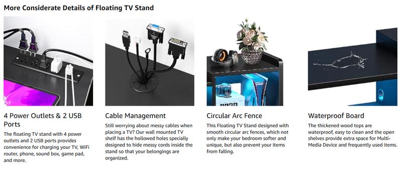 RaybeeFurniture 55"-71" W Floating TV Stand with LED Lights & Power Outlets Wall Mounted Entertainment Center with Storage Long TV Stand for Bedroom, Wood Floating TV Shelf Under TV for Living Room