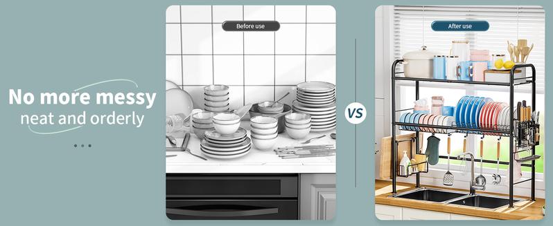 MiAoli Over Sink RackKitchen Over The dish drying rack OrganizerLarge Space Saving Dish Drainer CountertopDishes Rack On Counter Caddy Utensil MetalOrganizer 1&2 Tiers Adjustable Rubber