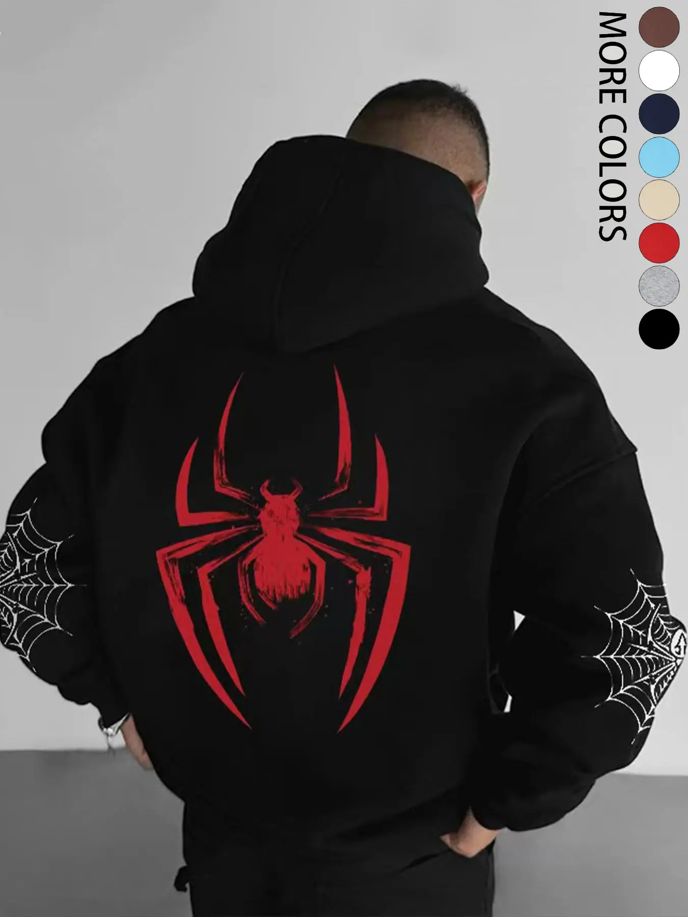 Men's Fall/Winter Spider-Print Hooded Sweatshirt with Drawstring and Kangaroo Pocket, Casual Street Fashion Hoodie, Casual Streetwear Hoodie, Comfortable Fabric, Fitted Graphic Sweatshirts