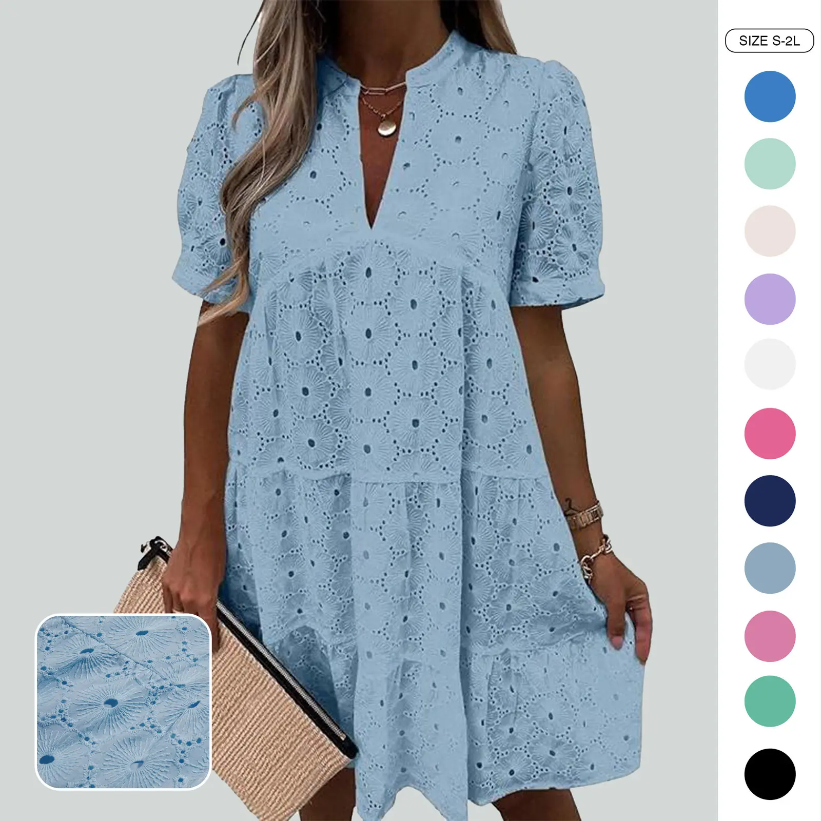Wenrine Women’s Summer Lace Dresses Eyelet Casual Flowy Babydoll Swing Short Sleeve V Neck Tunic Dress