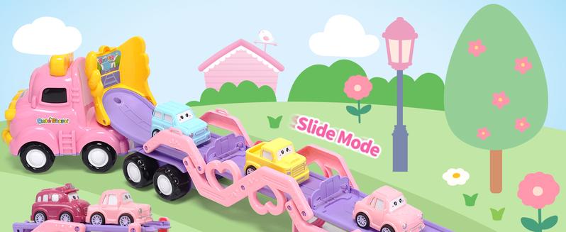 Cute Stone Princess Truck Toys Set with 31.5 in Extra Long Track Slide 3 Layer Foldable Transport Carrier Vehicle Light & Sound for Little Girls, Valentine's Day gift