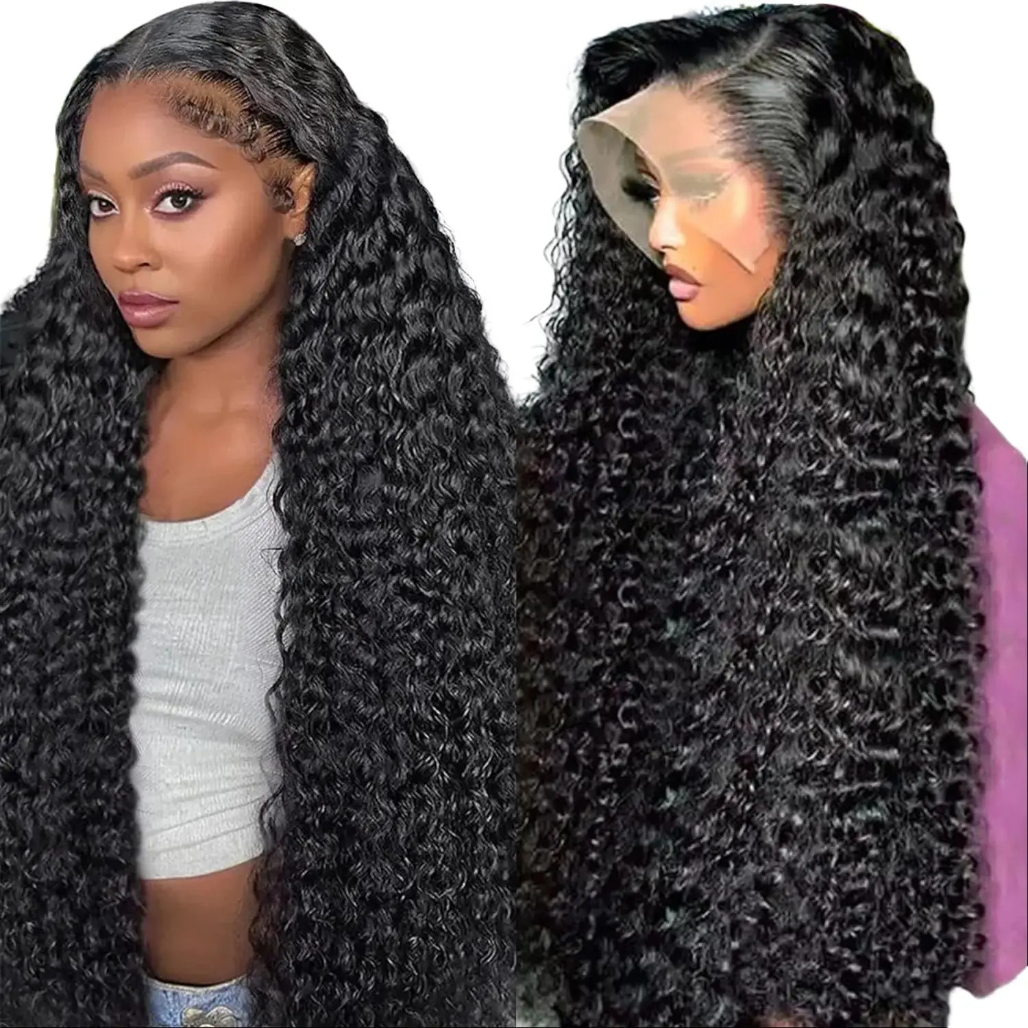 Women's 13x6 Deep Wave HD Transparent Glueless Lace Front Human Hair Wig - 180 Density Natural Black Curly Frontal Wig for Female, Heat Resistant for Everyday Wear