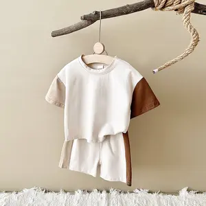 Two-piece summer new baby clothing splicing design apricot short sleeves + comfortable loose shorts baby suit