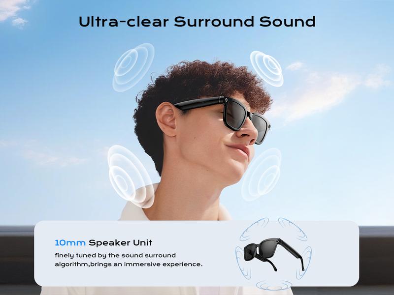 Smart Bluetooth Glasses with Camera, 1080p Video Recording Wearable Glasses, Multifunctional Wireless Audio Glasses with Headphone, Outdoor Sports Camera Sunglasses with Intelligent Voice Assistant, Anti-blue Light Protection Eyeglass