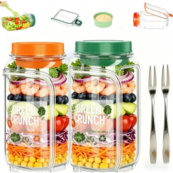 【2Pack】【Free Fork Gift】 Salad Jar Salad Pod with Side Opening,Salad Jar with SideAccess for Lunch. Portable Salad DressingContainer with Lid,Leakproof Dressing Compartment for Travel.
