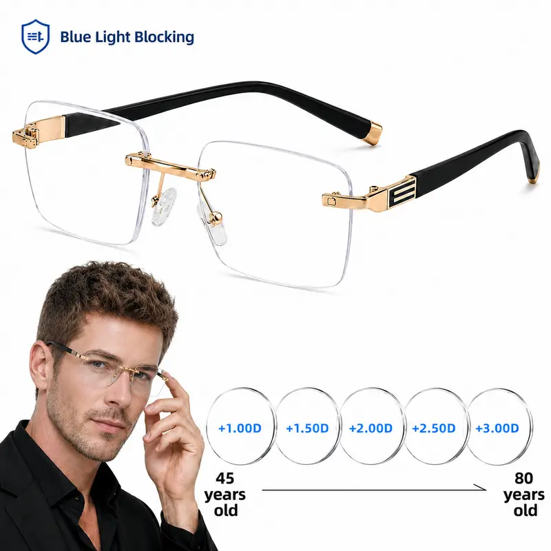 Male Modern Rimless Blue Light Blocking Reading Eyeglasses - High-Quality Executive Business Glasses, Lightweight Metal Frame, Rectangular for Office/Reading Computer Work (Gold/Silver, +1.00 to +3.00)