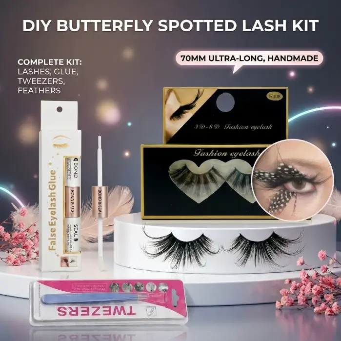 Custom DIY 70mm Extended False Eyelashes Set - C Curl, CC Curl, Cosplay Style, Boxed Assortment, Assortment Set False Eyelashes & Adhesives, Dense Dramatic Soft Butterfly Wings Colorful Polka Dot Feathers, for Stage, Cosplay, Daily Use, Fluffy, Cc Curl Fa