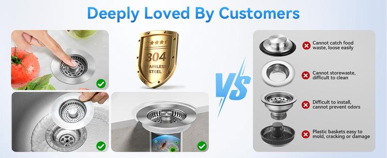 JOMST 3-in-1 Kitchen Sink Drain Strainer, Stainless Steel Sink Plug, Deodorizing Anti-Clog Basket Strainer for US Standard 3-1/2 Inch Drains