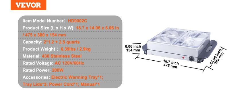 VEVOR Electric Buffet Server & Food Warmer, 14" x 14" Portable Stainless Steel Chafing Dish Set with Temp Control & Oven-Safe Pan, Perfect for Catering, Parties, Events, Entertaining, Silver, ETL