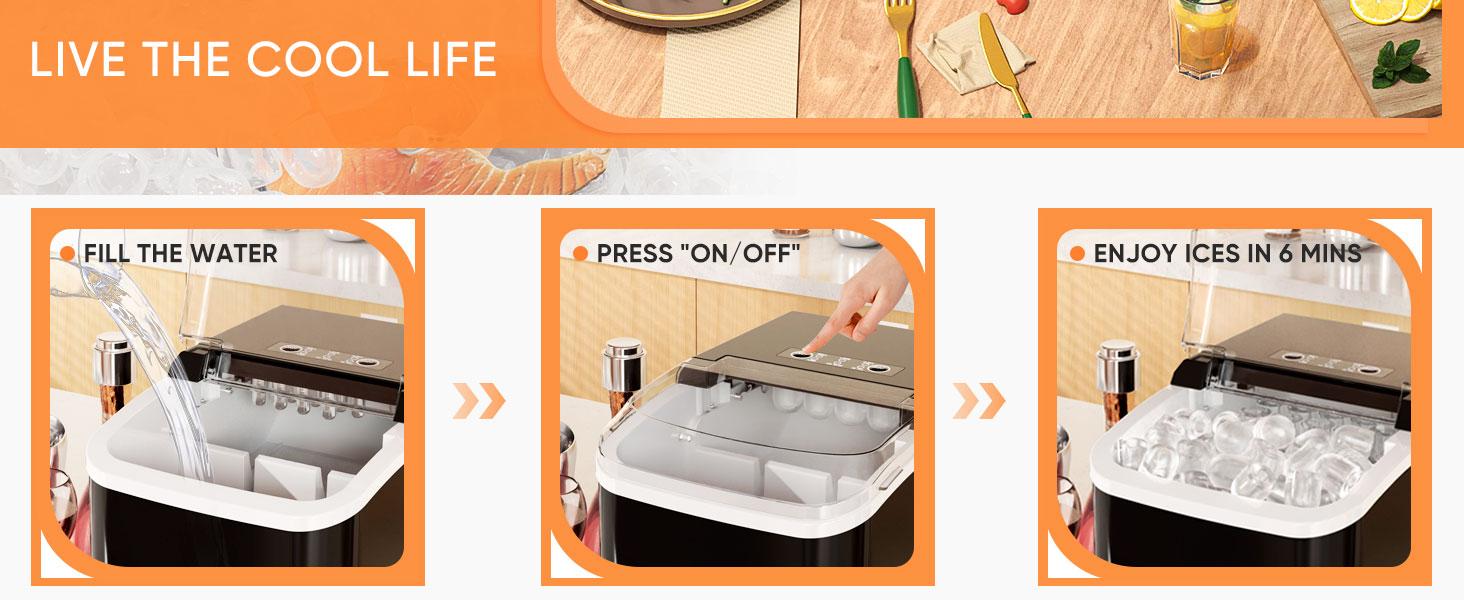 HomeSquad Portable Self-Cleaning Countertop Ice Maker - Makes 9 Ice Cubes in 6 Minutes, Produces 26.5lbs of Ice in 24 Hours, Includes 2 Sizes of Bullet Ice, Ice Scoop, Basket & Handle - Perfect for Home, Kitchen, and Parties!