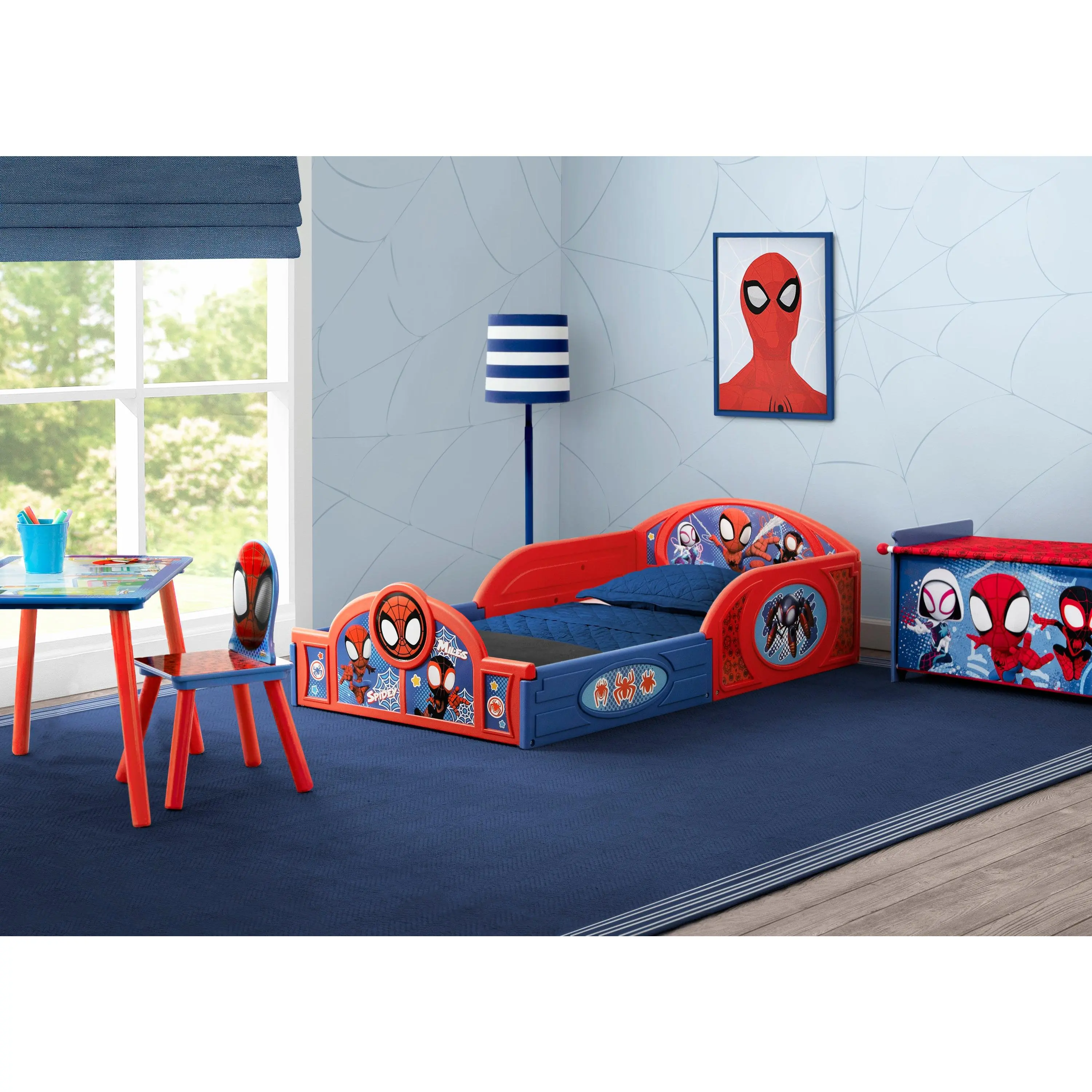 Marvel Spidey and His Amazing Friends 4-Piece Toddler Room-in-a-Box Set – Includes Sleep and Play Toddler Bed, Table, 1 Chair and Toy Box