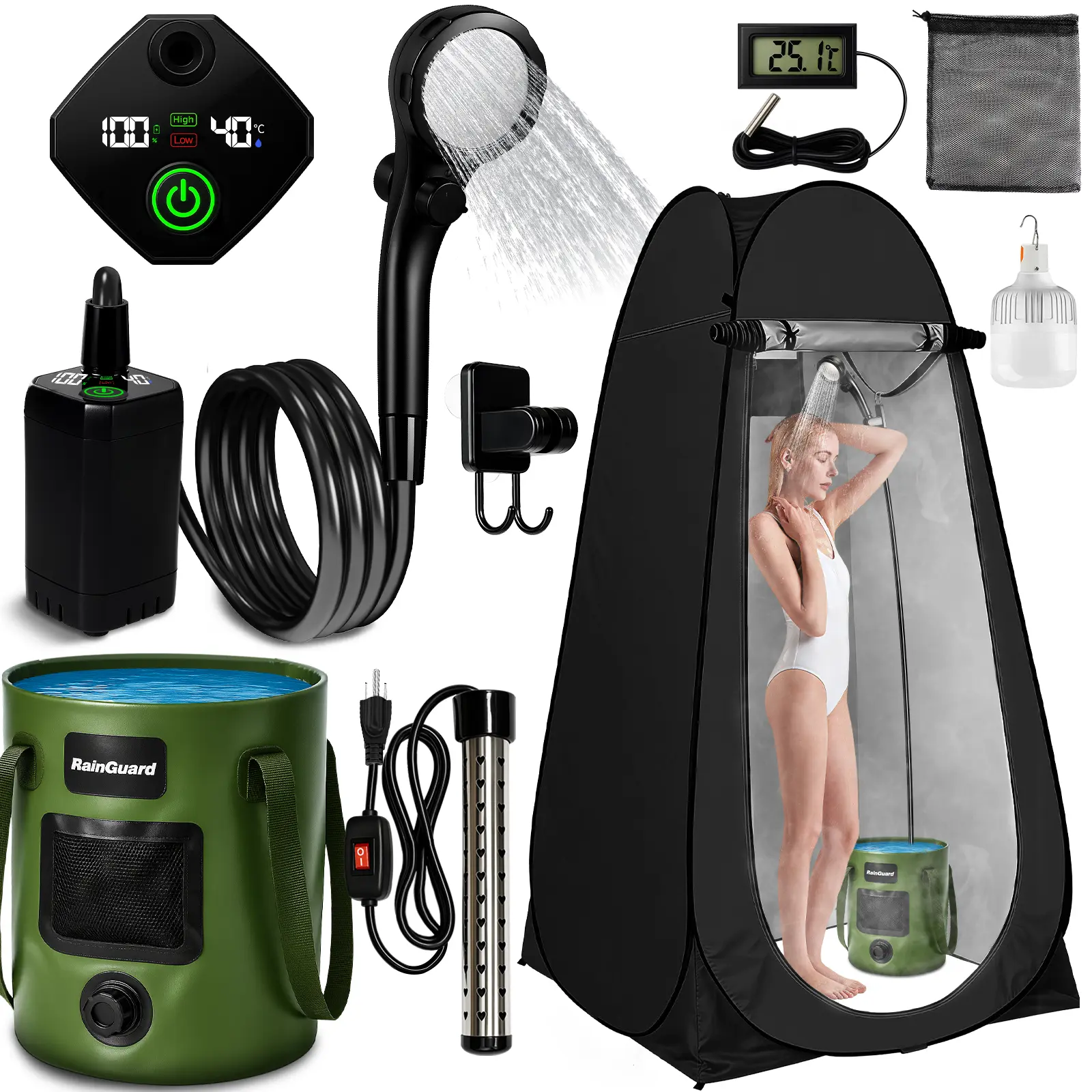 Portable Outdoor Shower Tent Kit, 6000mAh Rechargeable Water Pump, PP Filter Nozzle, 5-gal Collapsible Bucket, Camping Gear, Car Wash Supplies, Portable Showers, Portable Shower Showers
